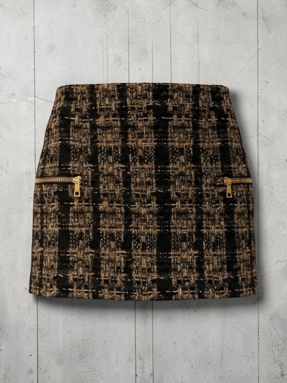 Balmain Black and Brown Tweed Mini Skirt with Gold Zippers